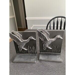 Vintage Mid Century Signed Bruce Fox Metal 3D in Flight Mallard Duck Bookends